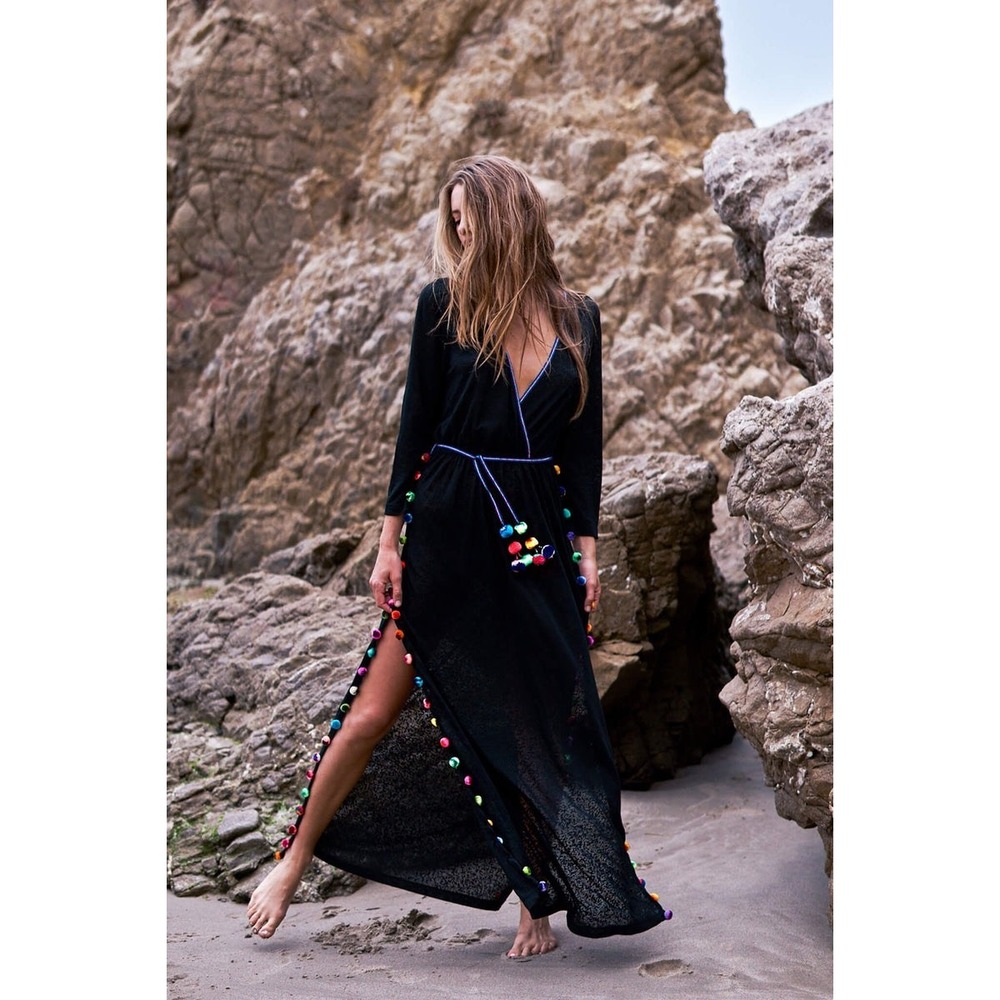 Pitusa Santorini black Pom Pom beach cover maxi dress xs/small